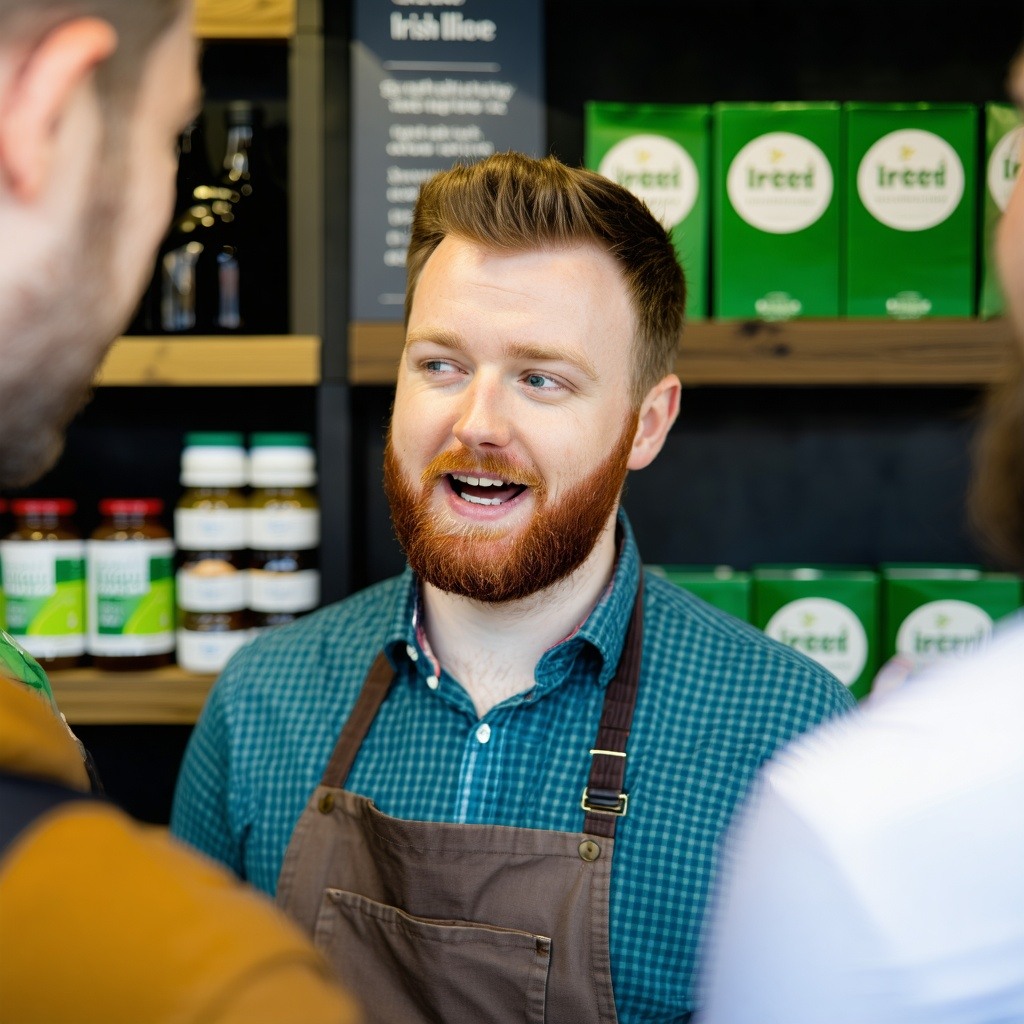 Irish business owner talking to a customer