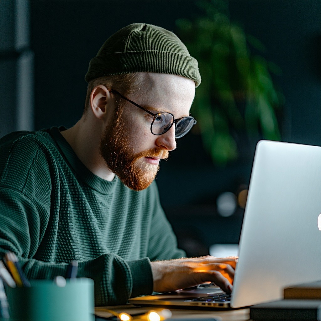 Irish web developer coding at his laptop